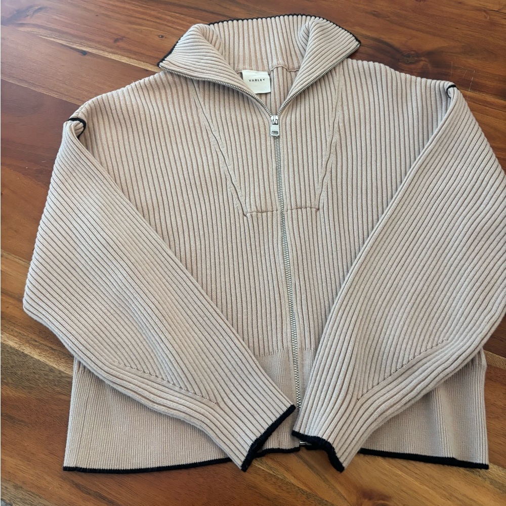 Varley Carmen Zip-Through Rib Tan Sweater // Size Small
